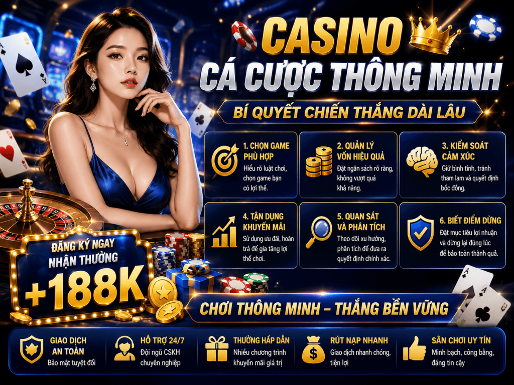 Casino cá cược thông minh với bí quyết chơi hiệu quả, quản lý vốn và tăng cơ hội chiến thắng mỗi ngày.